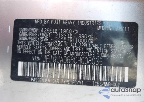 2012 Subaru Impreza 2.0I Premium z USA, uszkodzony, nr VIN JF1GJAD68CH008035